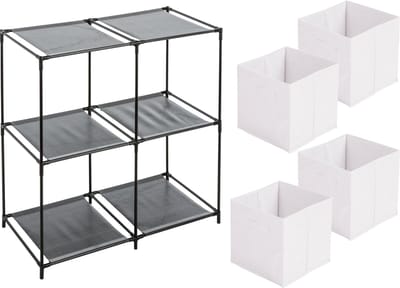 Urban Living Kastmandjes/opberg manden - wit - 4x stuks van 29L - Metalen rekje is 67 x 68 cm