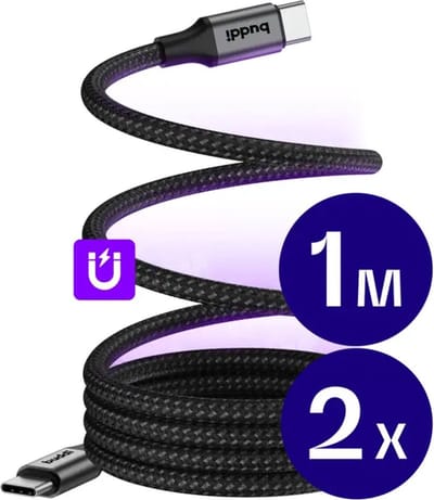 Duo Pack Buddi Flex | Magnetische USB-C naar USB-C Kabel 60W Fast Charge | 480Mbps Dataoverdracht | Gevlochten Nylon | Magnetische Kabel | Ideaal voor op Bureau | Handige Kabel | 1M | 1 Meter | Zwart