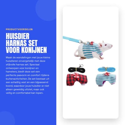 Dailygoods- Harnas voor Kleine Huisdieren - Harnas Set met Tractietouw - Rood Rooster/Blauwe Strepen - 2 Stuks - M-Maat - Duurzaam Stof - Huisdierharnas