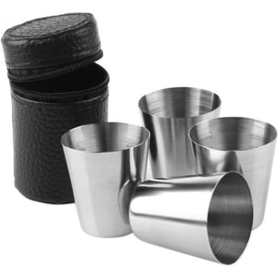 4 stuks/set 30 ml roestvrij staal gepolijst wijn drinken borrelglaasjes beker met leren hoes etui barware voor thuis keuken bar
