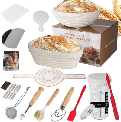 Complete Sourdough Starter Set met 18 Onderdelen, Fermentatie Mandjes, Broodbakken en Bakaccessoires voor Thuisbakkers en Broodliefhebbers
