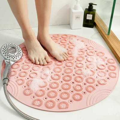 Tapis de bain rond antidérapant, douche de sécurité, tapis de salle de bain en PVC avec trou de vidange, coussin de Massage en plastique pour les pieds, accessoires de salle de bains 55X55CM rose