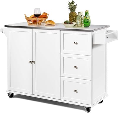 Keukeneiland - Verplaatsbaar - Keukenkast - Dressoir - Organizer - Kasten - Houten Werkblad - Lade - Wit