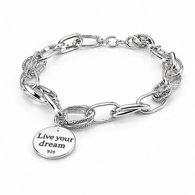 Engravia by Derya – Dames Armband – Stainless Steel – Schakelarmband met “Live Your Dream” Bedel – Tijdloos Cadeau voor Vrouw, Zus of Vriendin