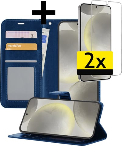 Hoesje - Met 2x Screenprotector - Geschikt voor Samsung Galaxy S24 - Luxe Pasjeshouder - Bookcase Portemonee - Flip Case - Kunstleer Book Case - Flipcase Hoes - Book Cover - Walletcase - Portemonneehoes - Telefoonhoesjes - Donkerblauw