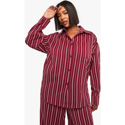 boohoo Dames Plus Oversized gestreept overhemd | Red | Maat: 16