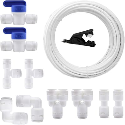 Universele Wateraansluitset, 5 m Fridge Slang, RO Waterfilter, Fitting Slangconnector voor 1/4 Inch Slang, Inclusief Afsluitklep en Installatiemateriaal