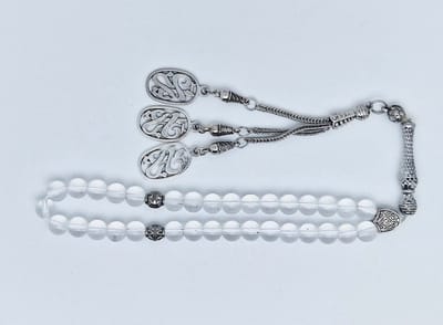 Handgemaakte tesbih klassiek - "Tasbih" natuursteen " Bergkristal" - Aantal kralen 33 - Diameter kralen 8 MM - met metaal tassel "yarab" - Een mooi cadeau-idee