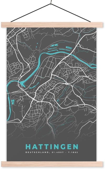 Posterhanger incl. Poster 60x90 cm - Schoolplaat - Hattingen – Stadskaart – Blauw – Plattegrond – Stadskaart – Kaart - Duitsland - Textielposter - Blanke latten - Stadskaart