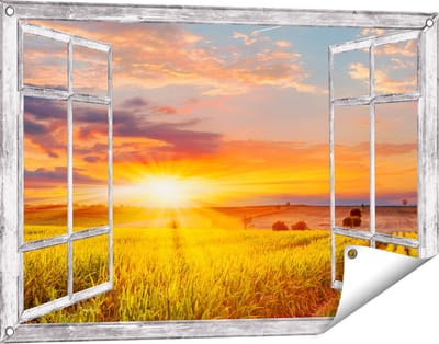 Gards Tuinposter Doorkijk Zonsopgang op het Maïsveld - 90x60 cm - Tuindoek - Tuindecoratie - Wanddecoratie buiten - Tuinschilderij