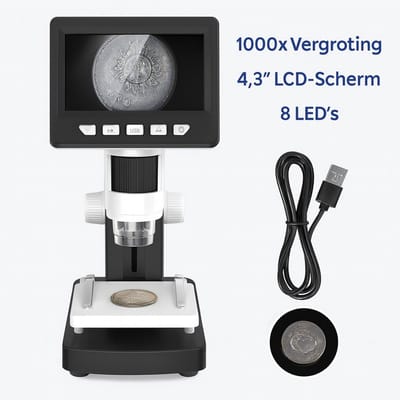 K&R Ventures® Digitale Microscoop – 4,3” LCD Scherm – 1000x Vergroting – 8 LED Verlichting – 1200mAh Batterij – USB & PC Aansluiting – Draagbare Elektronische Microscoop voor Onderzoek, Hobby & Onderwijs