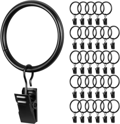 Set van 30 zware gordijn- en haken, gordijnstangringen met een binnendiameter van 38 mm, voor stangen, douchestangen en gordijnen, zwarte afwerking, duurzame paalringen