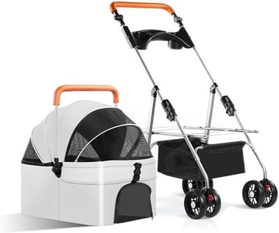 Wandelwagen voor huisdieren, 4 wielen, jogger hond kat kinderwagen voor kleine honden, dubbele ramen aan de voor- en achterkant, ademend gaas, opvouwbare huisdierkooi, wandelwagen handig om te voeren,