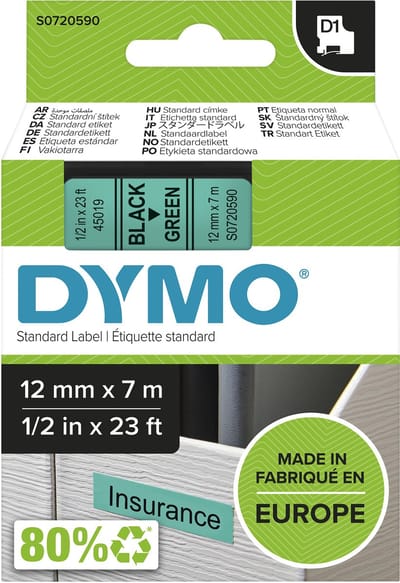 DYMO originele D1 labels | Zwarte Tekst op Groen Label | 12 mm x 7 m | zelfklevende etiketten voor de LabelManager labelprinter | gemaakt in Europa
