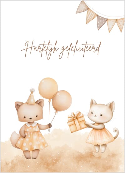 Kinder Wenskaart hartelijk gefeliciteerd poezen cadeautjes ballonnen – 10x15 cm – stevige kaart 400 grams – inclusief kraft envelop – verjaardagskaart kind