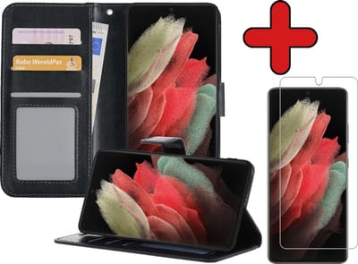 Hoesje - Met Screenprotector - Geschikt voor Samsung Galaxy S21 Ultra - Luxe Pasjeshouder - Flipcase - Bookcase Portemonee - Flip Case - Kunstleer Book Case - Book Cover - Walletcase - Portemonneehoes - Telefoonhoes - Zwart