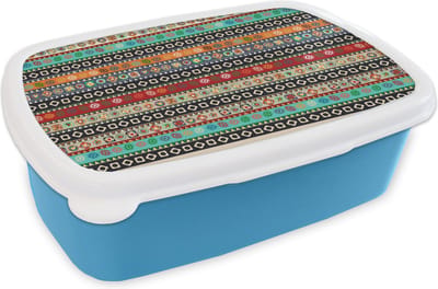 Broodtrommel Blauw - Lunchbox - Brooddoos - Patroon - Azteken - Symbolen - Regenboog - 18x12x6 cm - Kinderen - Jongen