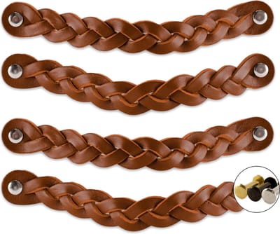 Leren handgrepen - Cognac - 4 stuks - Gevlochten - 20 x 2,5 cm - incl. 3 kleuren schroeven - Handgrepen leer - Leren meubelgreep - Leren handvaten kast - Leren lus - Handgreep kast leer - Leren greepjes - Handvat leer - Leren deurgreep