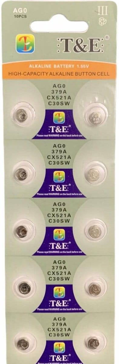 AG0 LR521 Alkaline Knoopcelbatterijen – Hoge Capaciteit 1.5V Voeding voor Horloges, Rekenmachines en Kleine Elektronica (10-Pack)