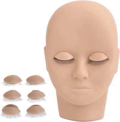 Make-up Oefenhoofd voor Wimperextensions met 3 Sets Verwijderbare Oogleden en Dubbele Wimpers (Lichtbruin)