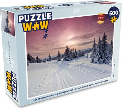 Puzzel Een besneeuwd winterlandschap met een kleurrijke hemel in Noorwegen - Legpuzzel - Puzzel 500 stukjes