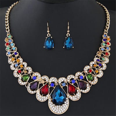 Mode, Metalen sprankelende diamanten, Gem Temperament kraag ketting, Waterdruppel oorbellen set, Waterdruppel sieraden