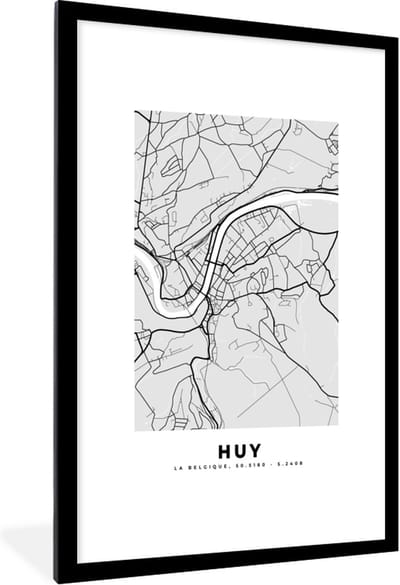 Fotolijst incl. Poster Zwart Wit- Plattegrond – Huy – Zwart Wit – Stadskaart - Kaart - 80x120 cm - Posterlijst