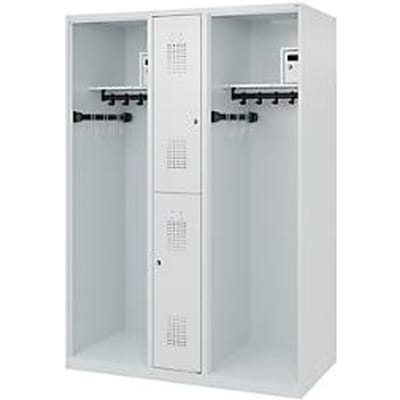 Brandweerkluis C+P Evolo Maxi, 4 vakken voor 2 personen, zonder helmhouder, vloerglijders, B 1300 x D 600 x H 1850 mm, RAL 7035 lichtgrijs