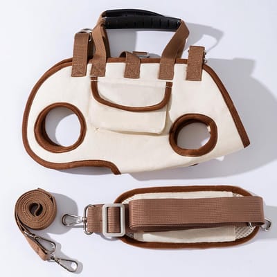 Crossbody Pet Carrier - Verstelbaar Full Body Lift Harness - Draaghulpmiddel voor kleine honden - Draagbare, ademende rugzak voor huisdieren met handsfree schouderriem en traktatiezak - Voor kleine honden en katten - beigebruin - Maat M