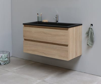 Basic Bella Badkamermeubelset - 100x55x46cm - 1 wasbak - Acryl - Zwart - 1 kraangat - Zonder spiegel - MDF Eiken