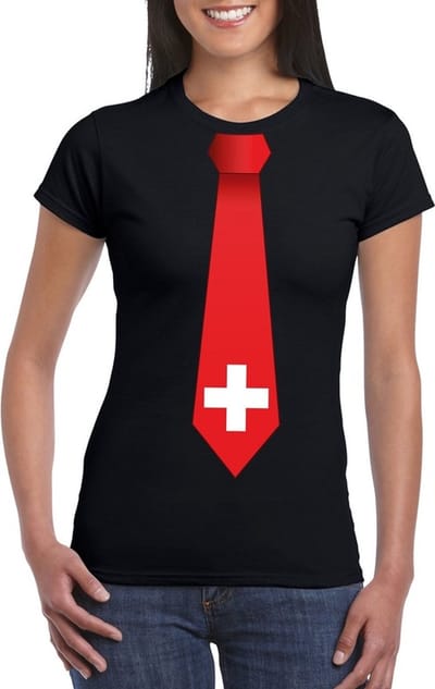 Zwart t-shirt met Zwitserse vlag stropdas dames - Zwitserland supporter S