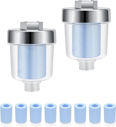 Douchefilters met 10 verwisselbare blauwe filters voor effectieve waterfiltratie, ideaal voor badkamer en keuken