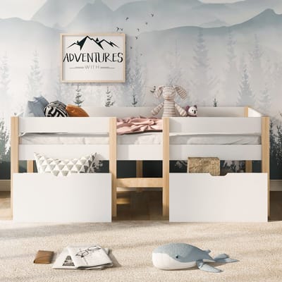 Halfhoogslaper - Kinderbed met 2 lades en fall-out bescherming - grenen-massief hout - 90x190 cm - Wit & Eiken - Zonder matras