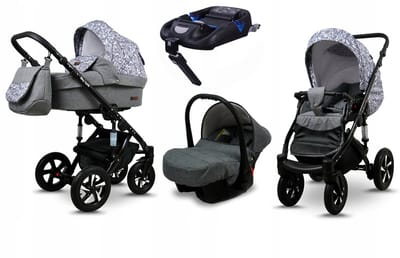 BabyLux® Kinderwagen 4in1 – SKY LARK - Grey Animals BLACK FRAME - Opklapbare Wandelwagen incl. Reiswieg, Multifunctionele Buggy Sportstoel, Autostoel, ISOFIX basisstation - Combi-kinderwagen met Luiertas, Regenhoes, Klamboe