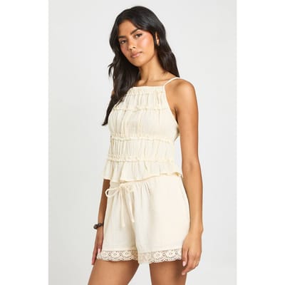 boohoo Dames Katoenen Gaas Shorts Met Gehaakte Rand | Ecru | Maat: 34