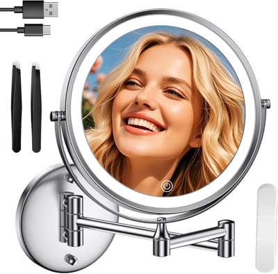 10 Inch Verlichte Make-Up Spiegel - Zilver + 10X Vergroting + Inclusief Pincet - 3 Lichtkleuren Dimbaar - 360° Draaibaar Voor Dagelijkse Make-Up En Gezichtsverzorging