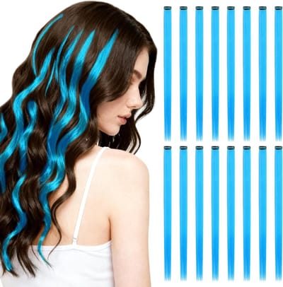 Lange Stevige Haarextensions van 22 Inch, 16 Stuks Clip In Haaraccessoires voor Feest en Festival Versiering in Luchtblauw