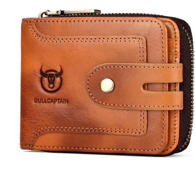 Portefeuille à deux volets en cuir véritable pour homme, avec blocage RFID, fermeture éclair courte, emplacements pour cartes multiples et pince à billets jaune