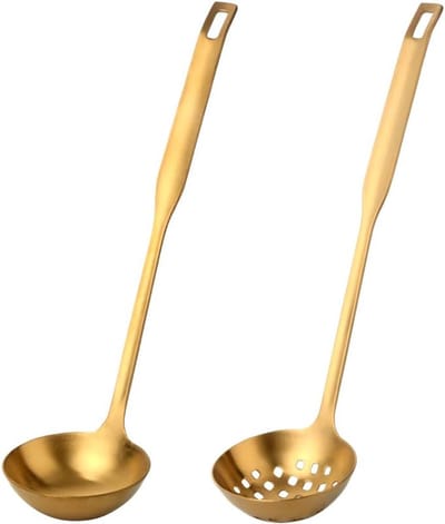 2-delige gouden soeplepel met lange steel - Vergiet - RVS soeplepel met lange steel - Hot Pot kookgerei set - Keukengerei - Goud