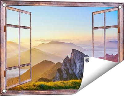 Gards Tuinposter Doorkijk Zonsopkomst in de Bergen in de Alpen - 60x40 cm - Tuindoek - Tuindecoratie - Wanddecoratie buiten - Tuinschilderij