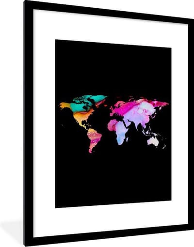 Poster in lijst - Fotolijst 60x80 cm - Posters - Wereldkaart - Regenboog - Waterverf - Posterlijst zwart - Decoratie - Wanddecoratie woonkamer - Muurdecoratie slaapkamer