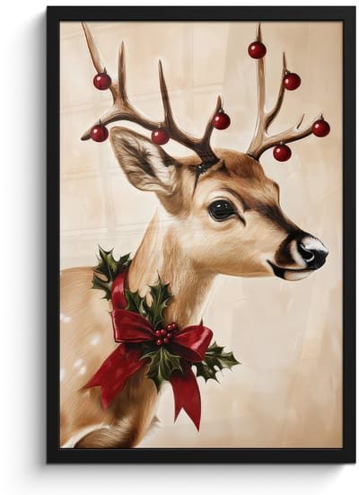 Poster in lijst - Fotolijst 40x60 cm - Posters - Gewei - Kerst - Rendier - Rood - Posterlijst zwart - Decoratie - Wanddecoratie woonkamer - Muurdecoratie slaapkamer - Kerstversiering - Kerstdecoratie voor binnen - Kerstmis