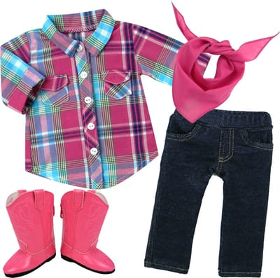 Sophia's Poppenkledingset voor Modepop - Geruite Overhemd en Cowgirl Laarzen - Poppen Accessoires