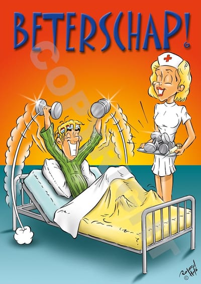 Ansichtkaart 50 stuks BETERSCHAP! Ziekenhuisbed - Fitness