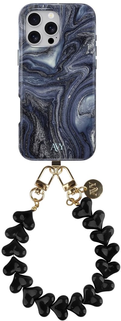 AVY Hoesje Met Telefoonkoord | Geschikt voor Apple iPhone 14 Pro | Compatibel met MagSafe | Hard Shell Back Cover | Stijlvol Bijpassend Koord 30CM | Marmer Hearts | Blauw
