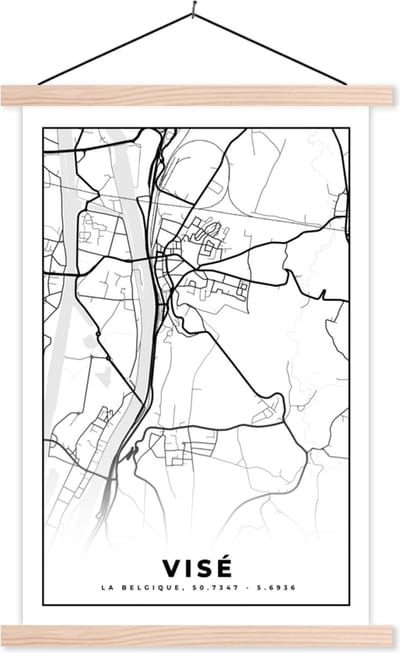 Posterhanger incl. Poster 40x60 cm - Schoolplaat - België – Visé – Stadskaart – Kaart – Zwart Wit – Plattegrond - Textielposter - Blanke latten - Stadskaart