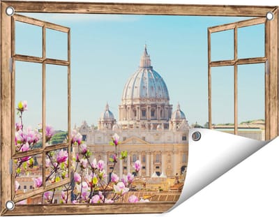 Gards Tuinposter Doorkijk Sint Pietersbasiliek in Rome met Bloemen - 60x40 cm - Tuindoek - Tuindecoratie - Wanddecoratie buiten - Tuinschilderij