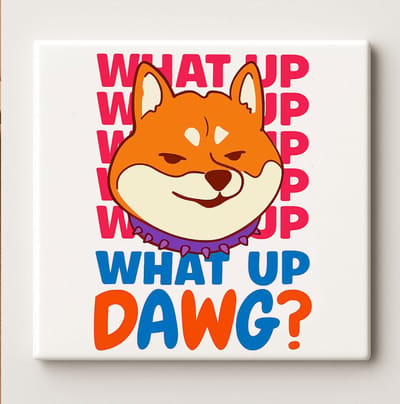 What Up Dawg Tegel 15x15cm – Grappige Shiba Inu Hond Keramische Wanddecoratie – Kleurrijk Cadeau voor Dierenliefhebbers – Stoere Huisdecoratie