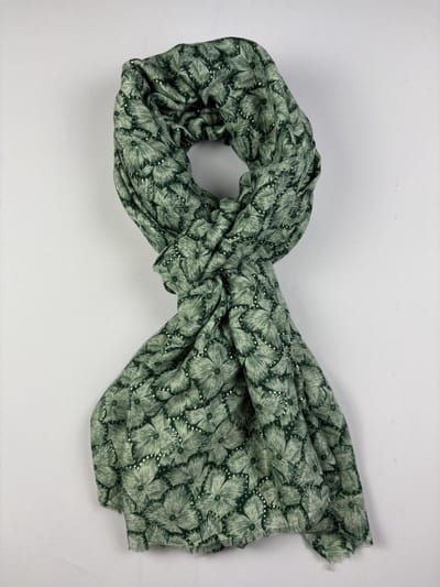 Vrolijke sjaal met bloementjes motief en goud 80% viscose en 20% katoen