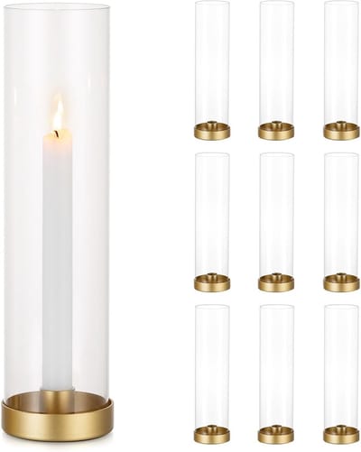 10 stuks kaarsenstandaards staafkaarsenhouders goud met glas voor bruiloftstafel, decoratie, 30 cm, moderne kaarsenhouder met glas, decoratieve kaarsenhouders voor open haard, mantel,